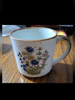 Source Unknown White Ceramic Floral Mug with Blue and Pink Flowers